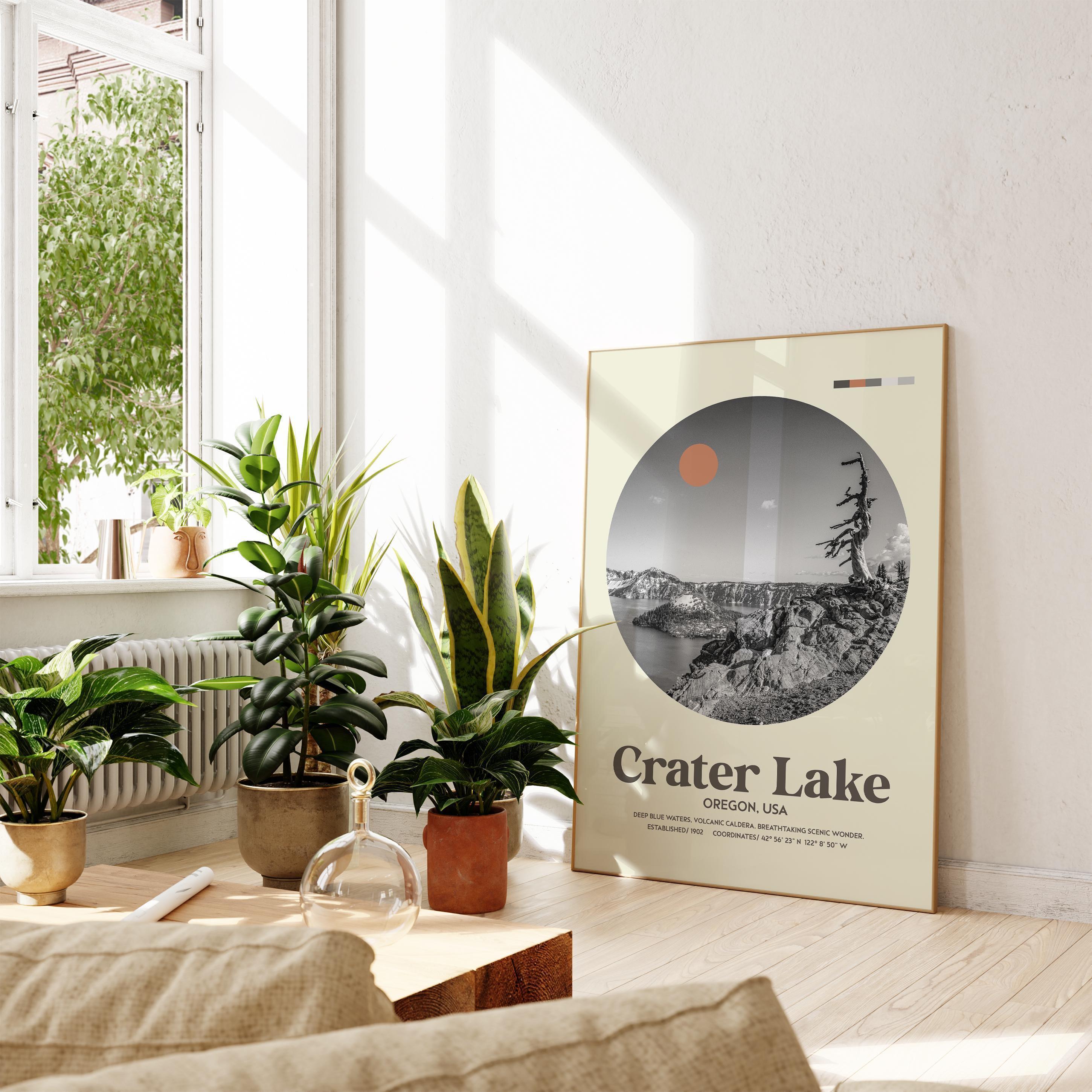 Crater Lake, Oregon,  Mid•Century Modern,  Featuring GPS Coordinates,  Typography Art Print