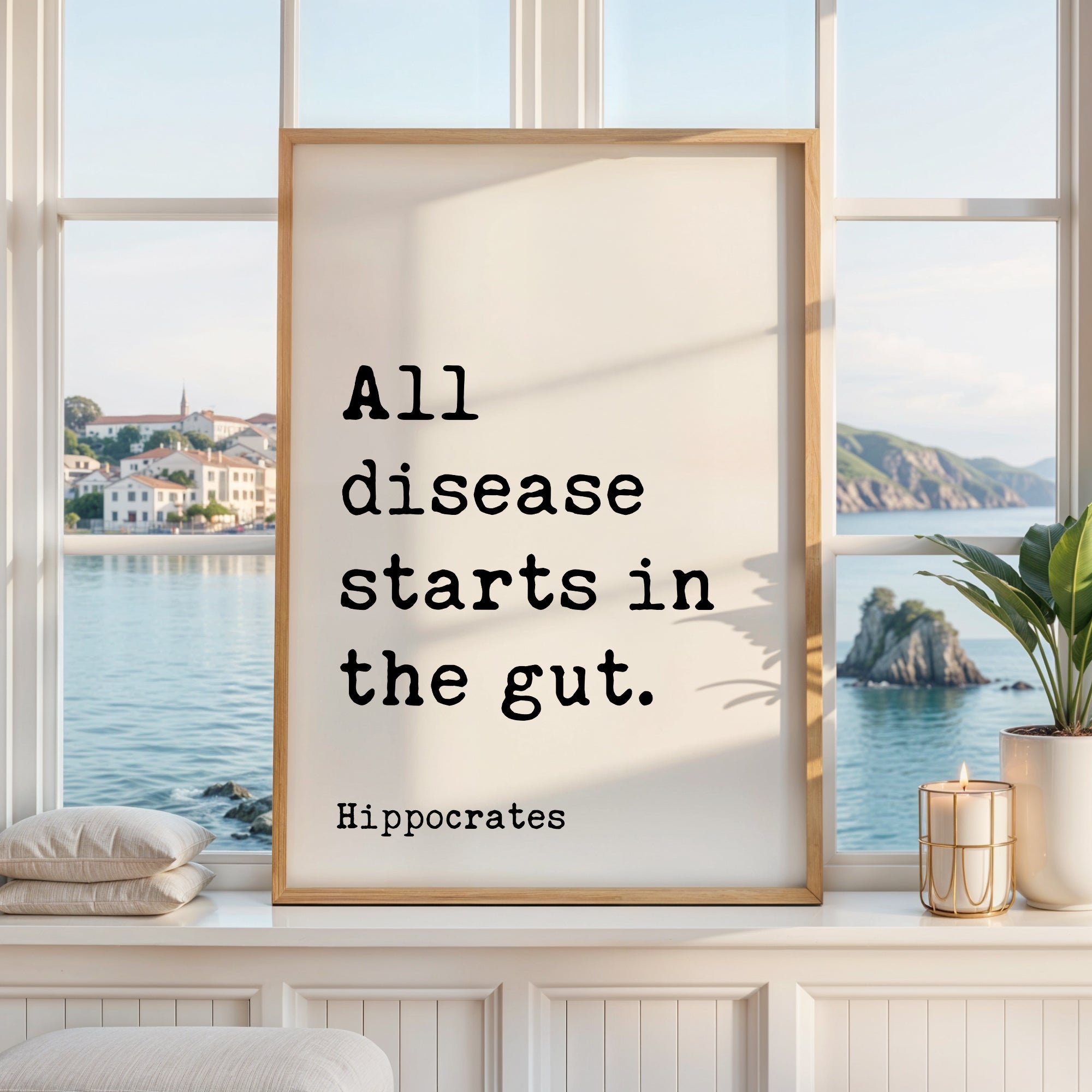a framed quote by Hippocrates, "All disease starts in the gut," placed on a window sill overlooking a scenic view of a body of water and a distant town.
