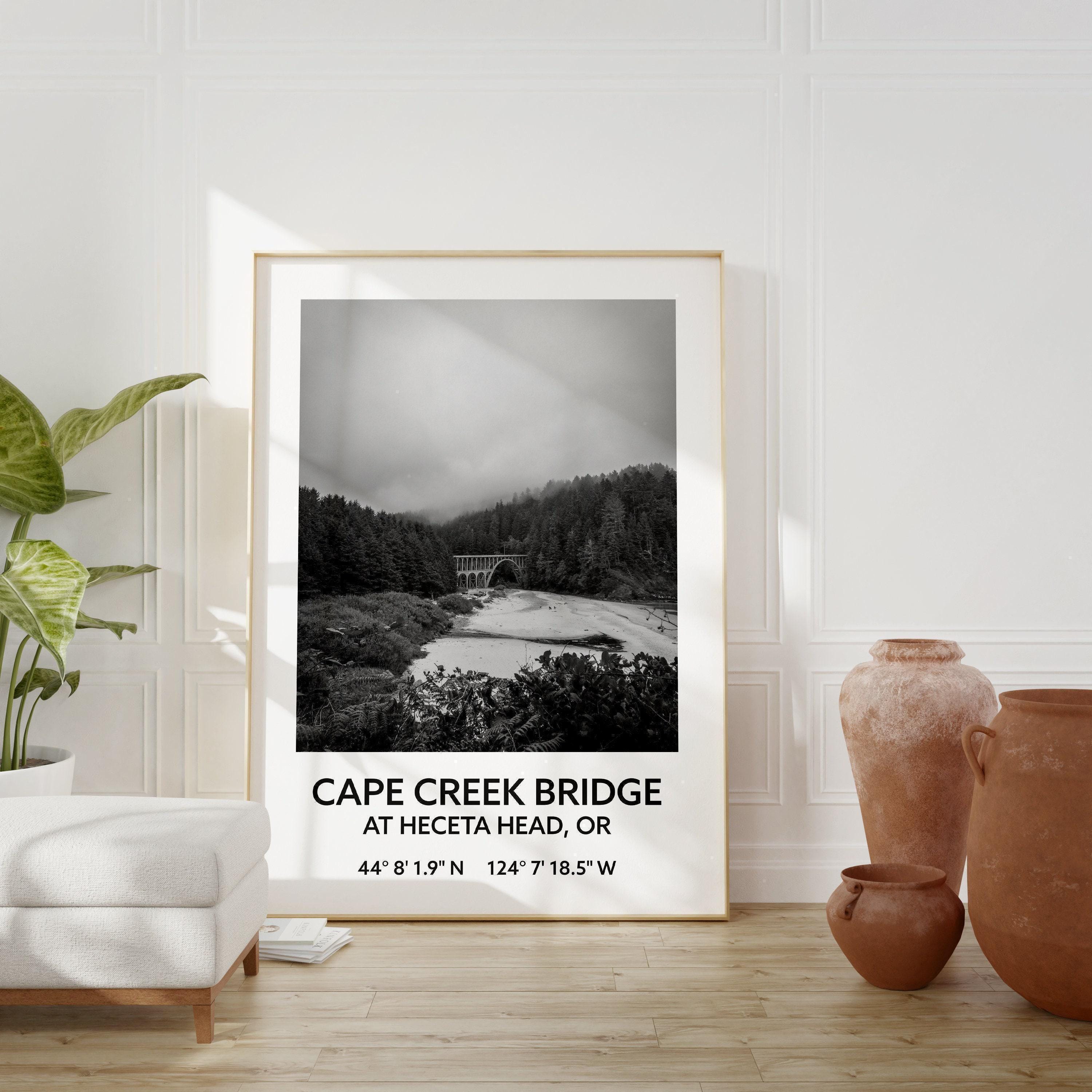 Cape Creek Bridge At Heceta Head, Oregon with GPS Coordinates Black & White Art Print,  Travel - Oregon - Hwy 101 - Oregon Coast