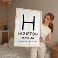 Houston, Texas with GPS Coordinates Typography Art Print,  Office,  Home Decor,  Restaurant,  Apartment,  Condo • Gift