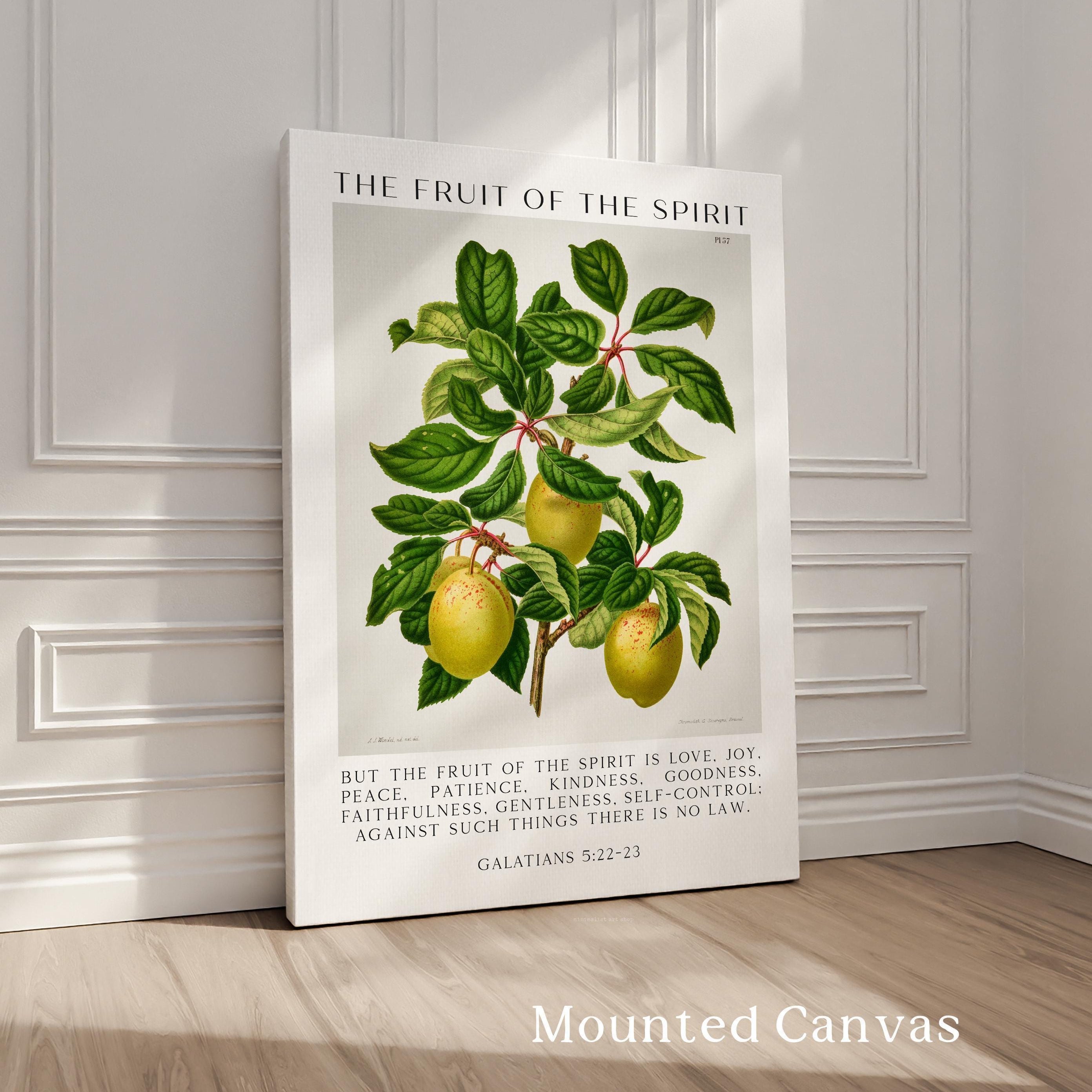 Fruit of the Spirit Typography Wall Art,  Galatians 5:22–23 Scripture Print,  Christian Botanical Plum Illustration Home Décor