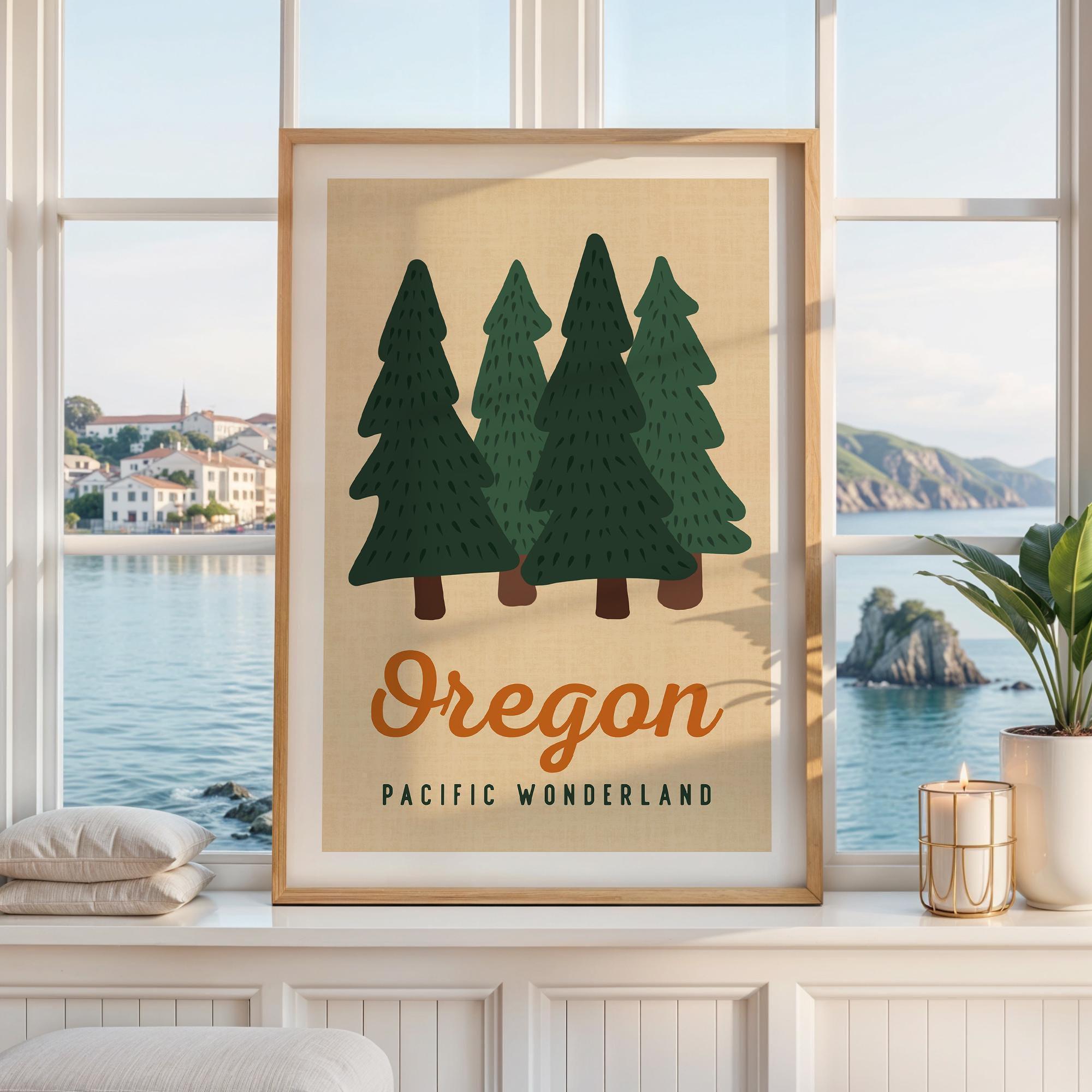May include: A rectangular wall art print in a light wood frame featuring a graphic illustration of four dark green pine trees against a beige background. The text Oregon is printed in a large orange script font above the text PACIFIC WONDERLAND.