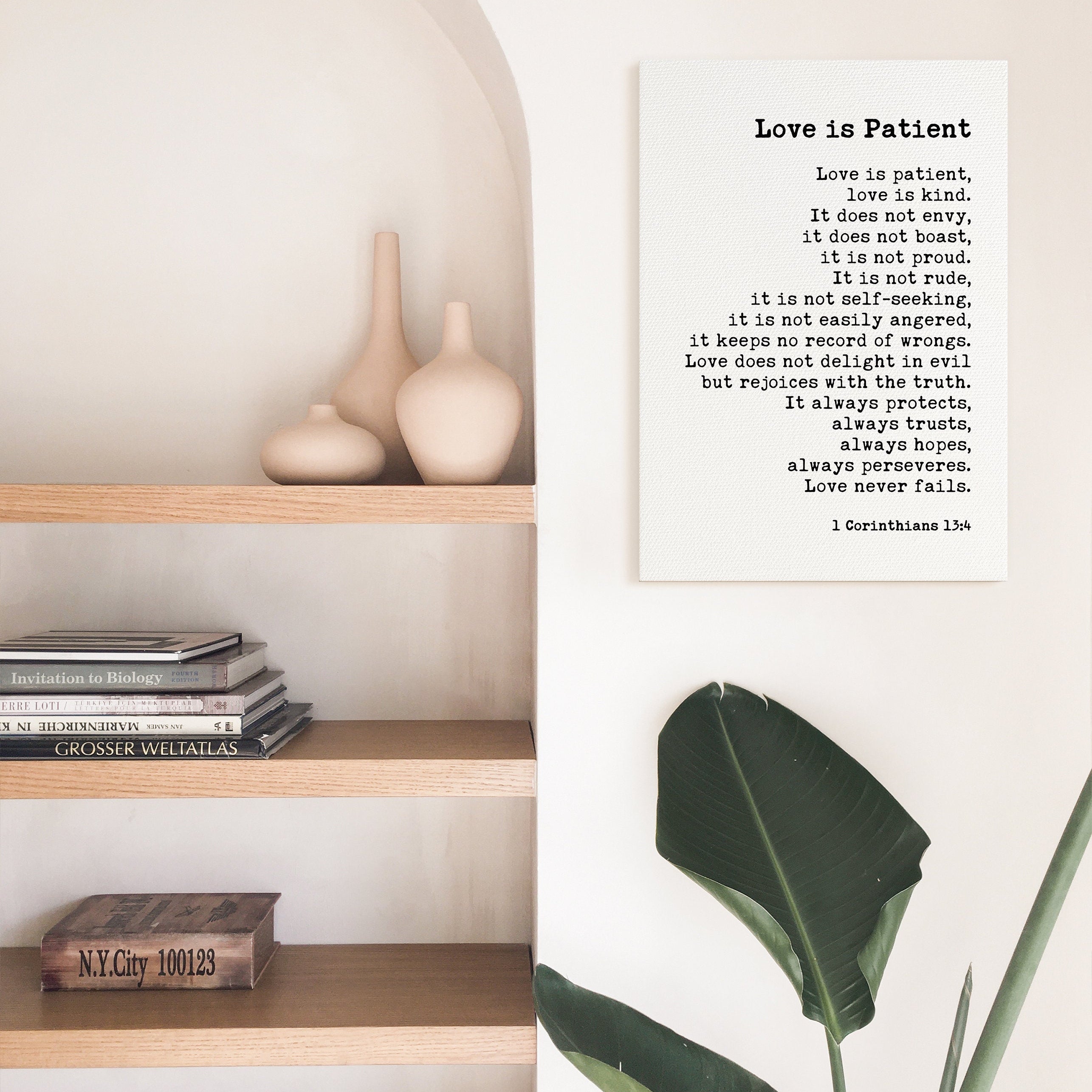 1 Corinthians 13:4 Love is Patient Canvas Print, Scripture Typography Wall Art