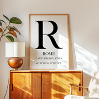 Rome, Italy with GPS Coordinates Minimalist Typography Art Print,  Lazio Region,  Travel,  Adventure