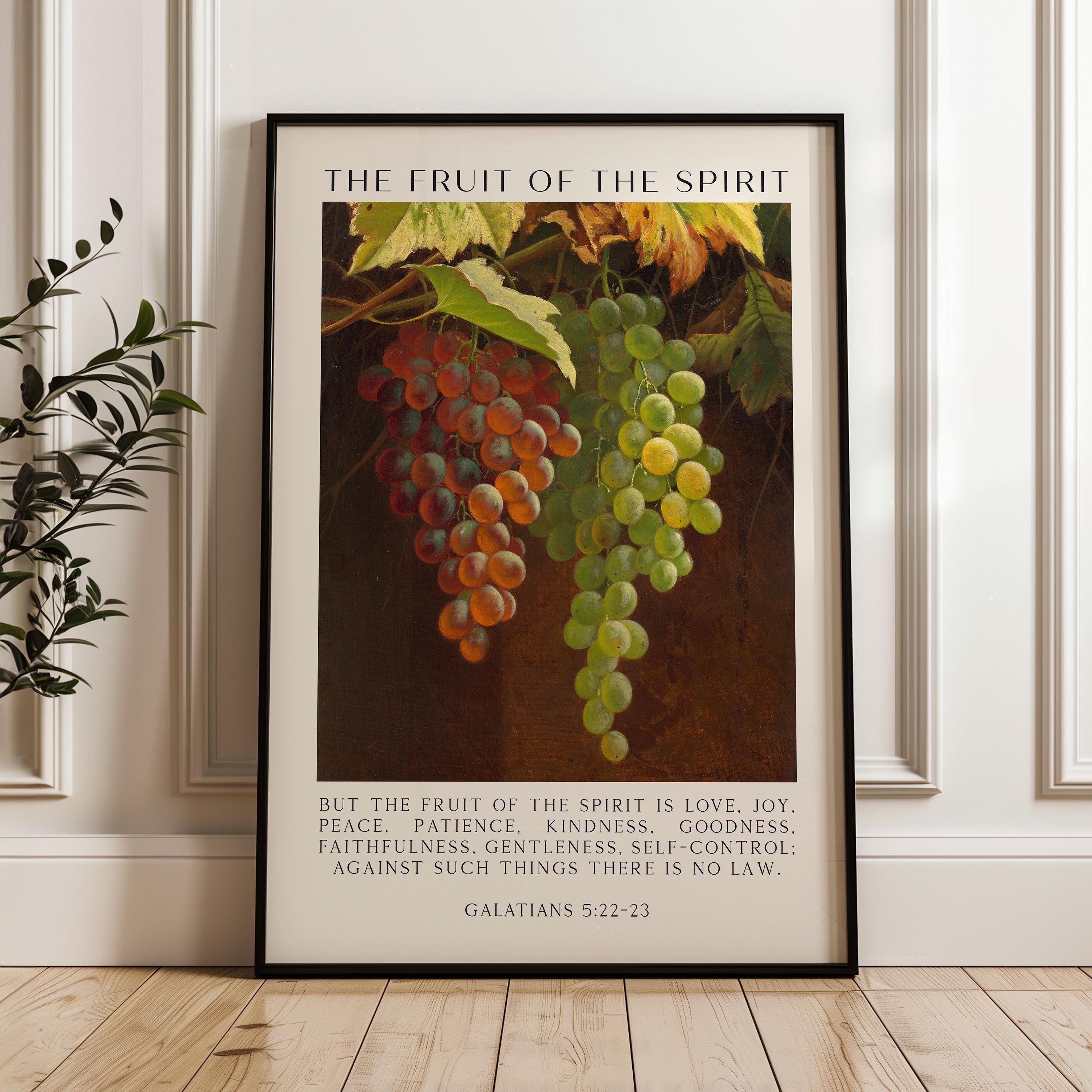 Fruit of the Spirit Bible Verse Wall Art,  Galatians 5:22–23,  Christian Typography Print with Grapes Painting