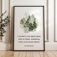 I couldn't live where there were no trees,  something vital in me would starve. L.M. Montgomery Quote Art Print w/ Watercolor Trees,  1917