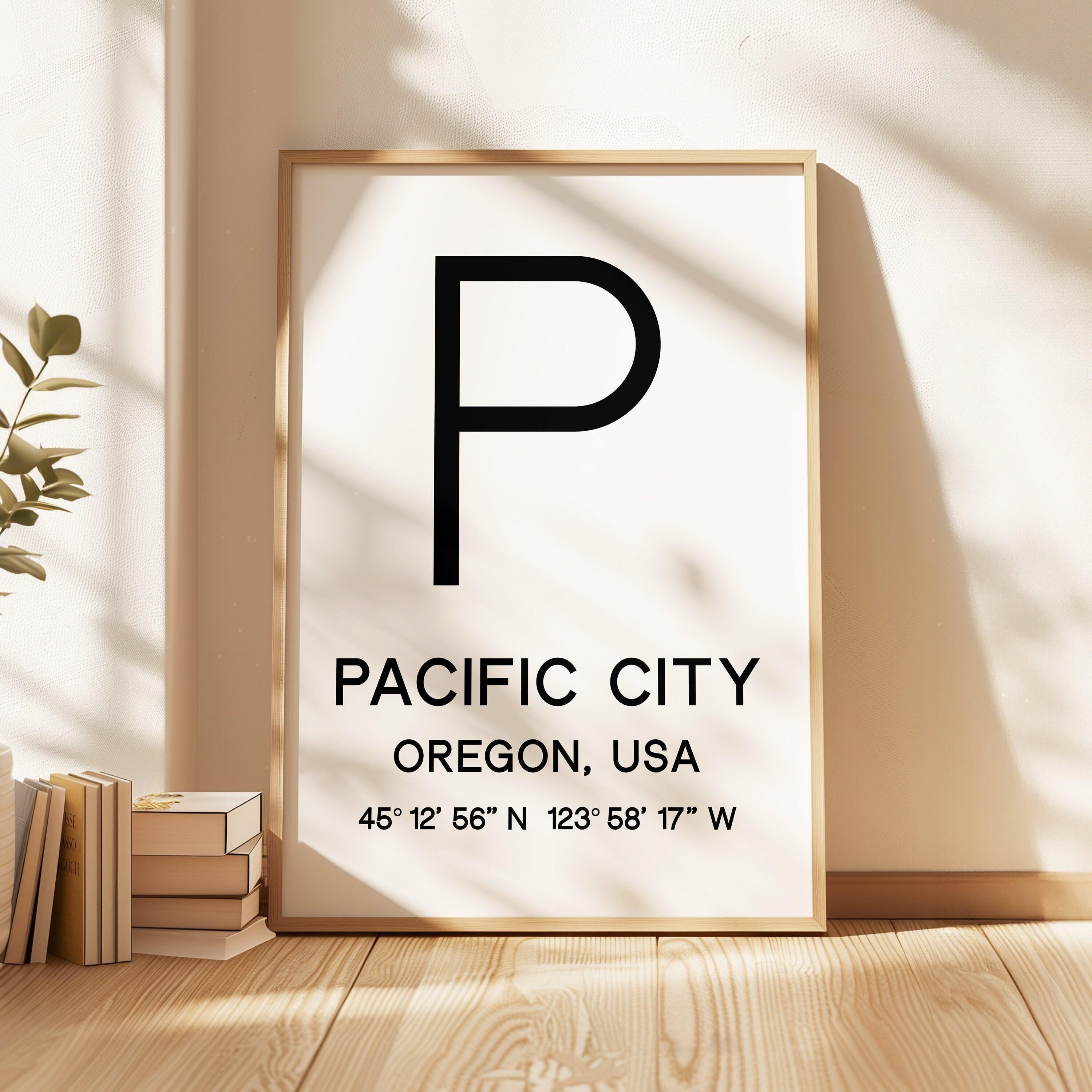 Pacific City, Oregon with GPS Coordinates Typography Minimalist Art Print
