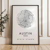Austin Texas Street Map Print With GPS,  Modern Typography Wall Decor