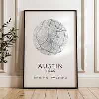 A framed print of a map of Austin, Texas, with the city's location and coordinates displayed.