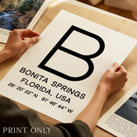 Bonita Springs, Florida with GPS Coordinates Minimalist Typography Art Print
