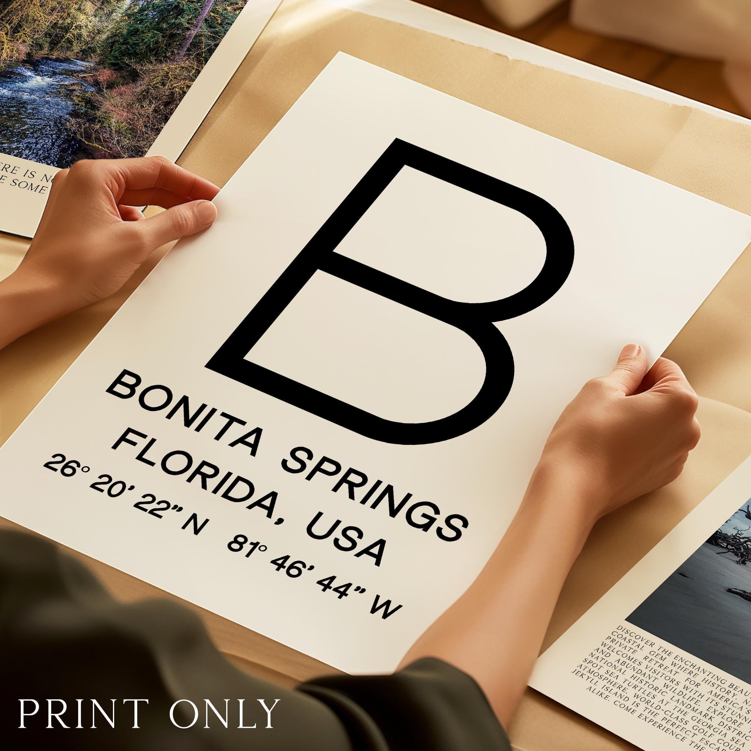 Bonita Springs, Florida with GPS Coordinates Minimalist Typography Art Print