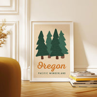 Oregon Pacific Wonderland Retro Art Print, Forest Trees, PNW Travel, Travel Gift Decor