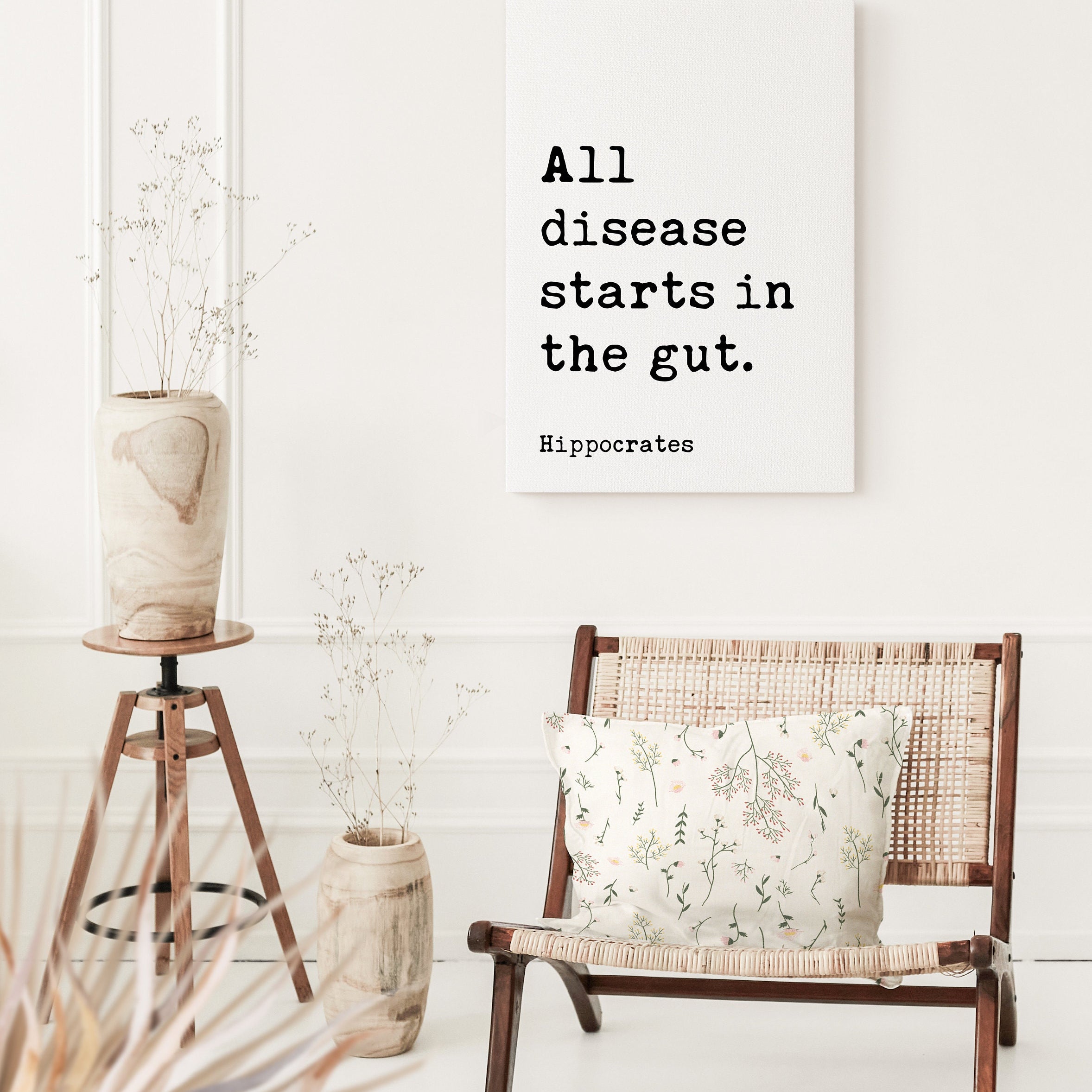 All disease starts in the gut. Hippocrates Quote. Low Profile Mounted Canvas Typography Art Print