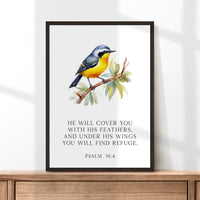 Psalm 91:4  He will cover you with His feathers, and under His wings you will find refuge. Art Print,  Faith - Religious - Scripture