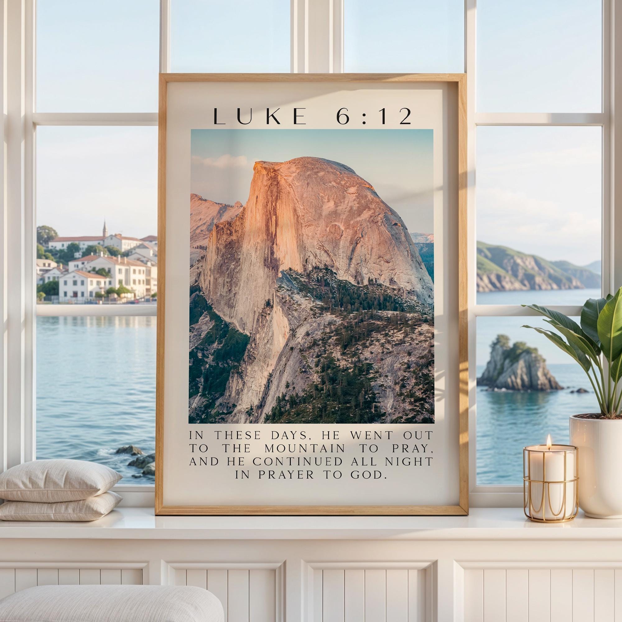 a framed photograph of a mountain landscape with a text overlay that reads "In these days, he went out to the mountain to pray, and he continued all night in prayer to God."