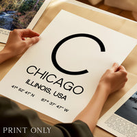 Chicago Illinois Print, Modern City Typography Decor, Minimalist Travel Art