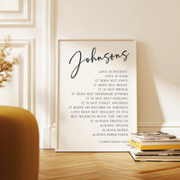 Personalized Family Name Scripture Print, Love Is Patient Kind, 1 Corinthians 13:4-8, Anniversary Gift