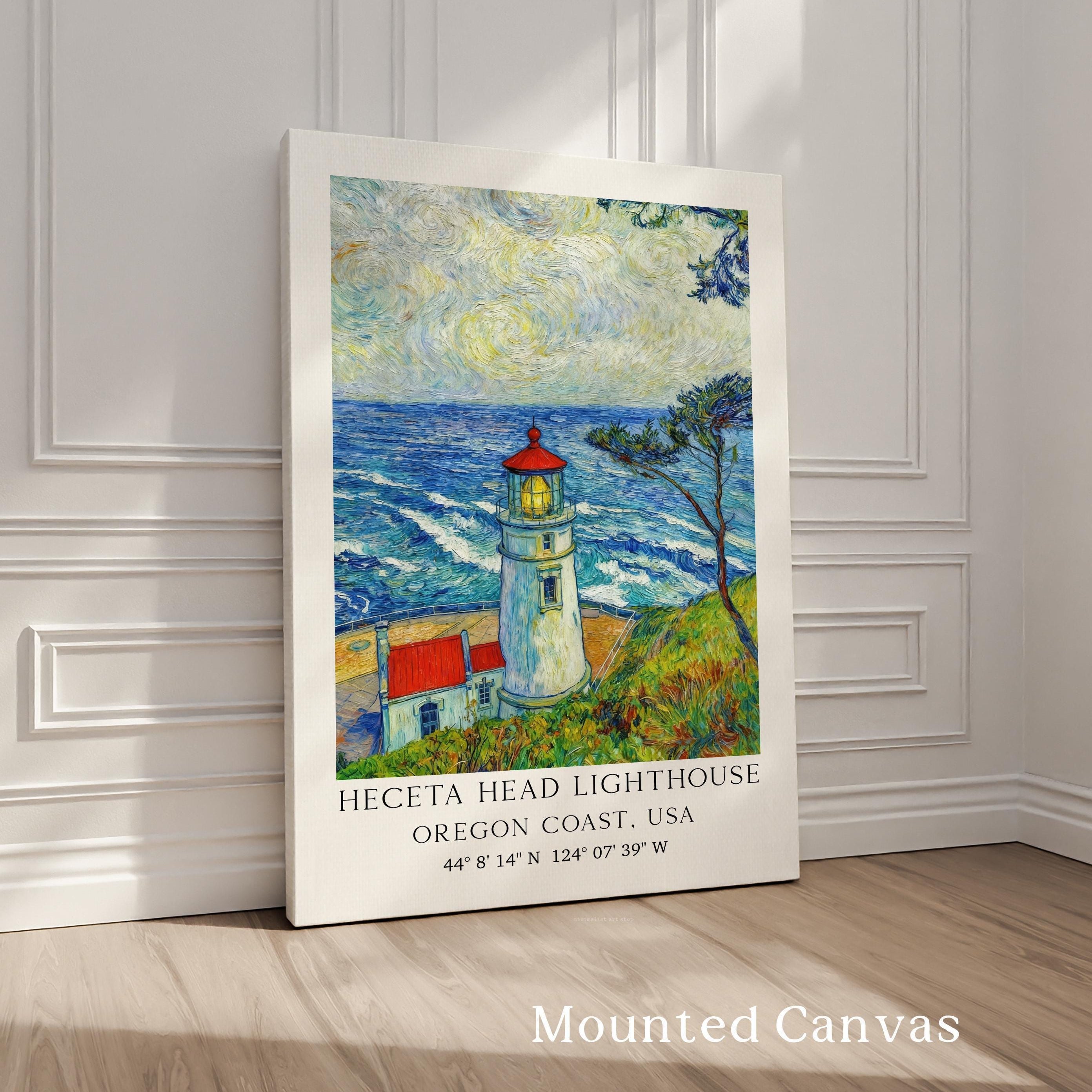Heceta Head Lighthouse Wall Art: Oregon Coast Seascape,  Van Gogh Inspired