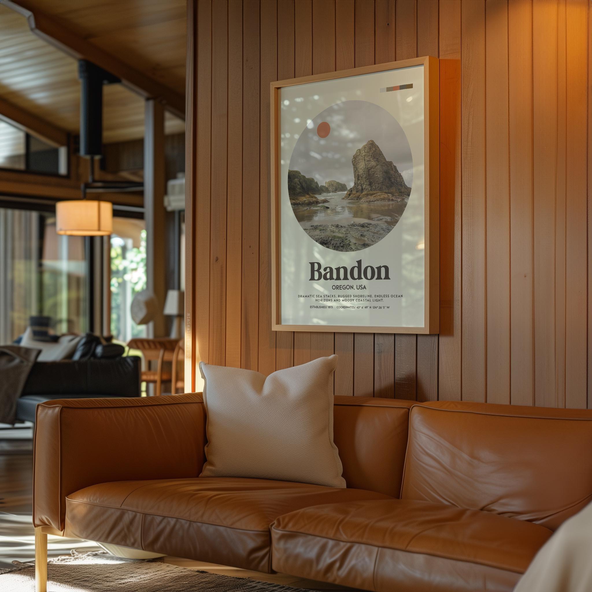 Bandon Oregon Mid Century Print, Oregon Coast Wall Art, Retro Travel Poster, PNW Decor
