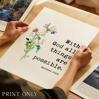 Matthew 19:26 Verse Print, With God All Things Are Possible, Christian Art, Floral
