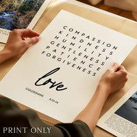 Christian Wall Art Colossians 3, Compassion Kindness Love Print, Scripture Art, Bible Verse Gift