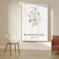 Psalm 23 He Restores My Soul Typography Art Print with Wildflowers,  Christian - Scripture - Bible Verse -  Inspirational - Faith