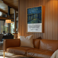 a cozy living room with a brown leather couch, a framed painting of a starry night sky, and a quote by Vincent Van Gogh hanging on the wall.