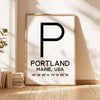 Portland, Maine with GPS Coordinates Typography Art Print,  Minimalist Wall Art
