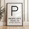 Pacific City, Oregon with GPS Coordinates Typography Minimalist Art Print