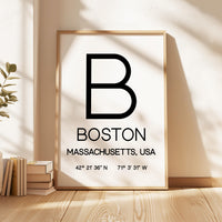 Boston Massachusetts Typography Print, Coordinates Wall Art, Modern Decor, Travel Gift