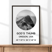 God's Thumb, Oregon with GPS Coordinates Art Print,  Travel - Explore - Hike - Nature