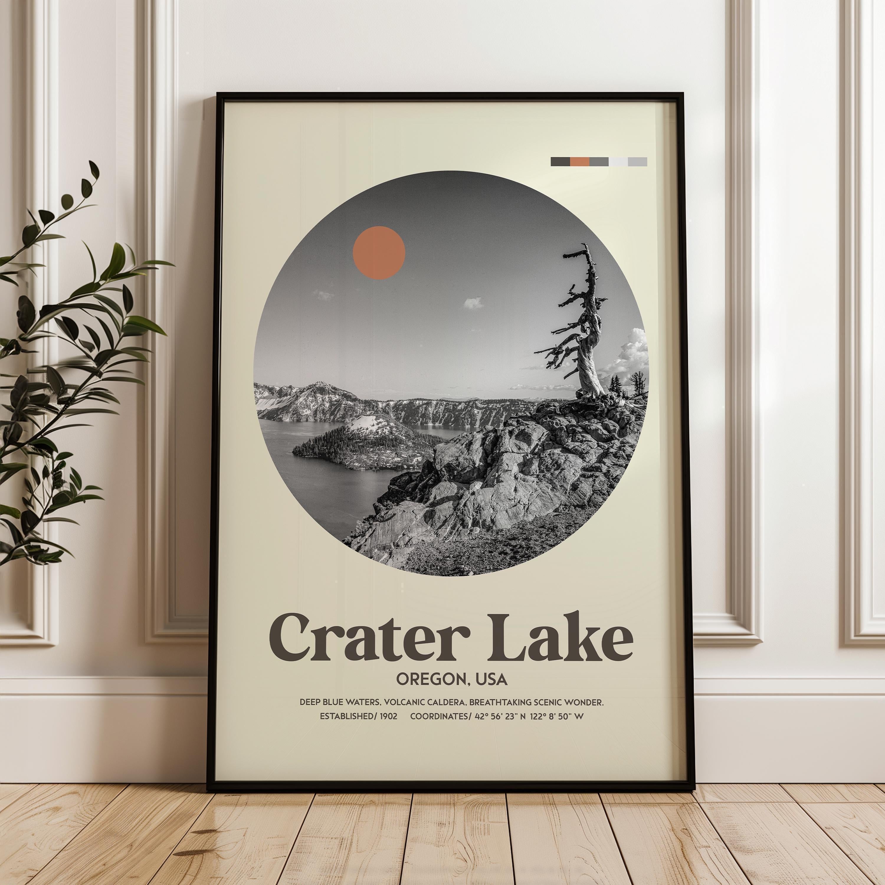 Crater Lake, Oregon,  Mid•Century Modern,  Featuring GPS Coordinates,  Typography Art Print