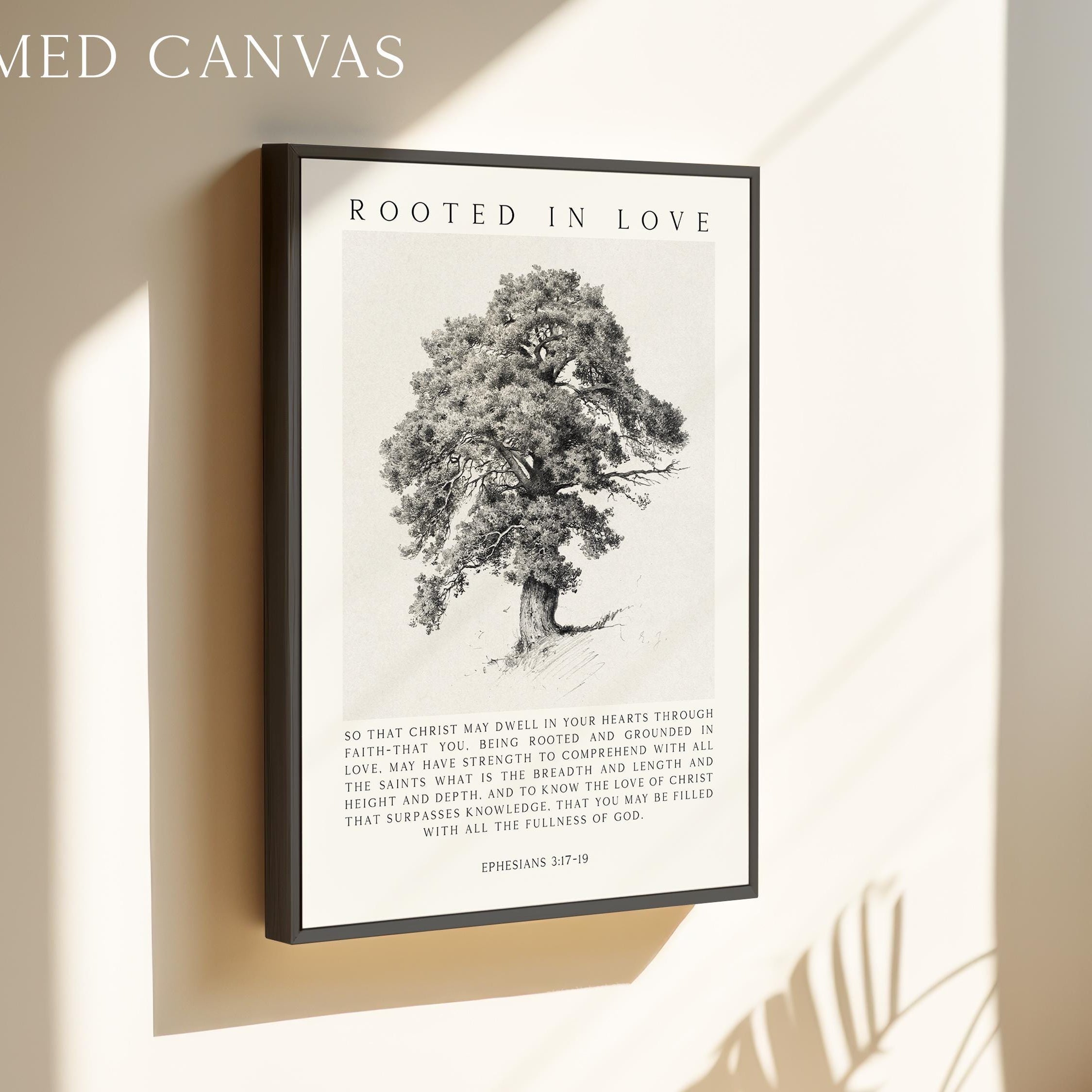 Rooted in Love Scripture Print – Ephesians 3:17-19 Christian Wall Art with Tree Illustration