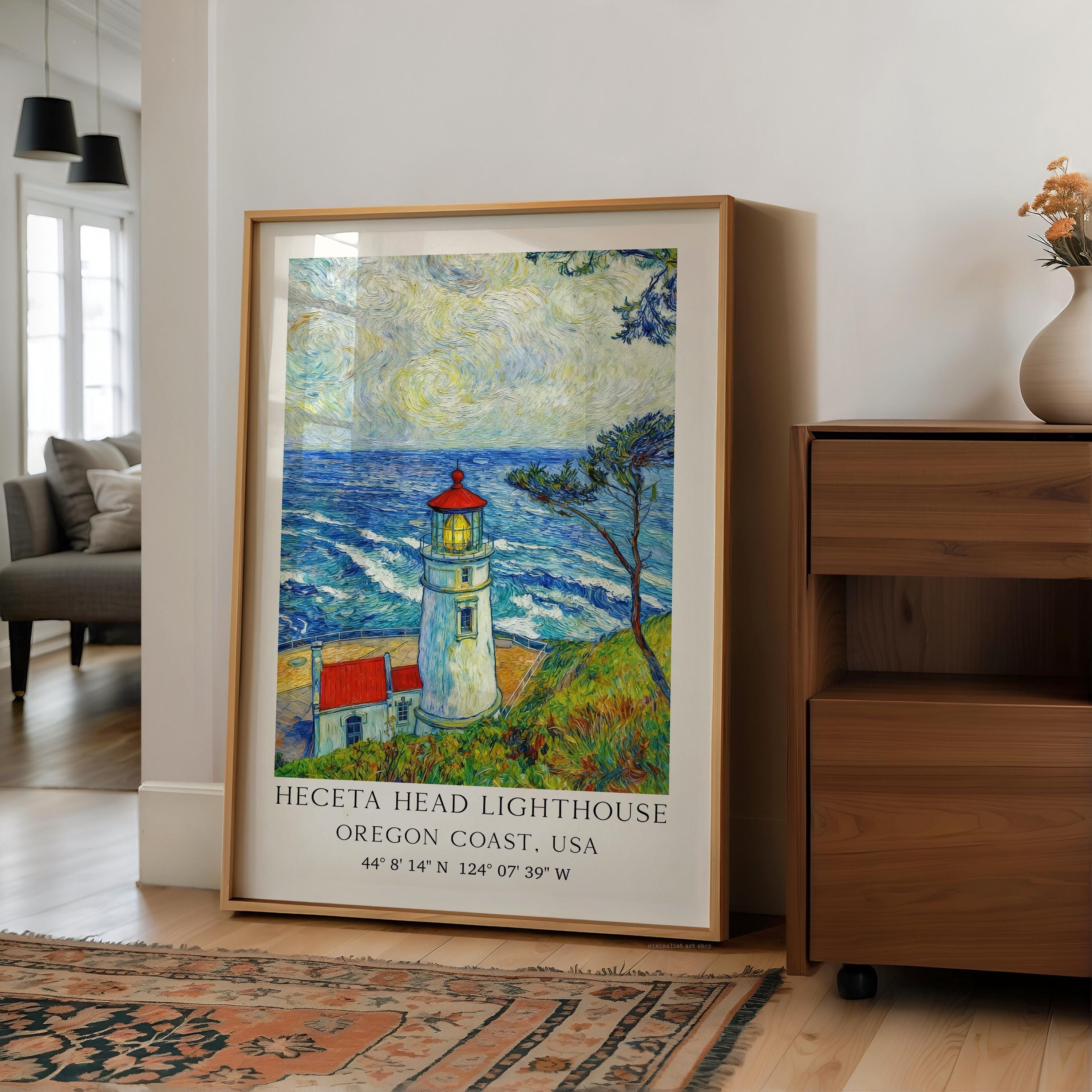 Heceta Head Lighthouse Wall Art: Oregon Coast Seascape,  Van Gogh Inspired