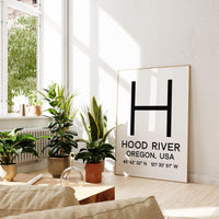 Hood River, Oregon with GPS Coordinates Typography Art Print,  Minimalist Wall Art