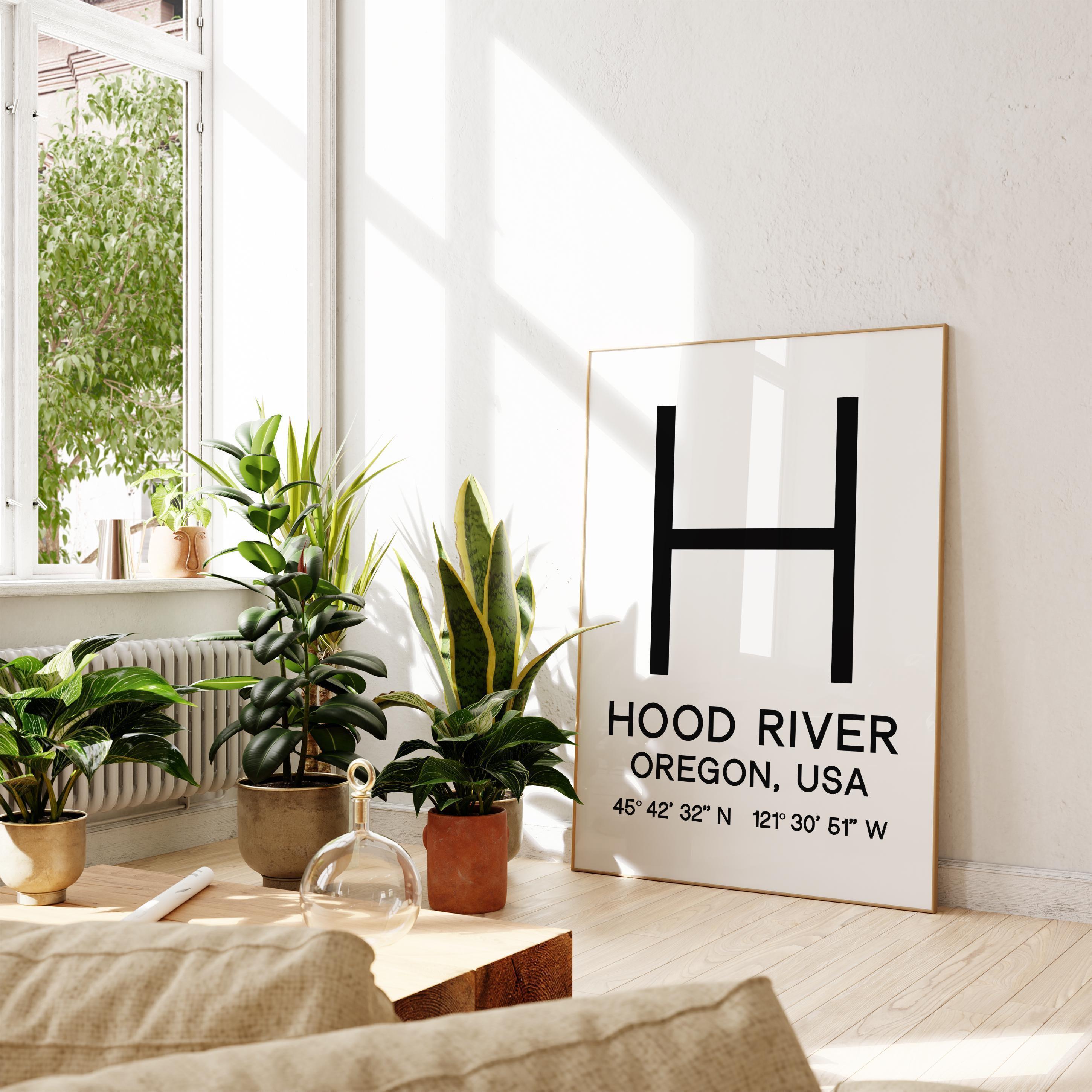 Hood River, Oregon with GPS Coordinates Typography Art Print,  Minimalist Wall Art