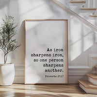 Proverbs 27:17 Iron Sharpens Iron Scripture Art Print, Faith Religious Typography