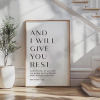 Matthew 11:28 Bible Verse Print, And I Will Give You Rest, Christian Wall Art, Minimalist Scripture Decor