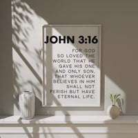 John 3:16, For God So Loved The World That He Gave His One and Only Son,  Bible Verse,  Scripture,  Typography Art Print