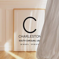 Charleston, South Carolina with GPS Coordinates Typography Art Print,  Office - Home Decor - Restaurant - Apartment - Condo - Gift Ideas