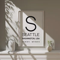Seattle, Washington with GPS Coordinates Typography Wall Art Print,  Office,  Home Decor,  Restaurant,  Apartment,  Condo • Gift