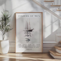 Fishers of Men Wall Art,  Mark 1:17 Scripture Print,  Christian Nautical Typography Artwork for Home & Church Décor