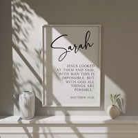 Matthew 19:26 "With man this is impossible, but with God all things are possible.",  Personalized with Name,  Typography Art Print