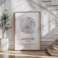 Austin Texas Street Map Print With GPS,  Modern Typography Wall Decor