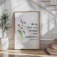 Matthew 19:26 Verse Print, With God All Things Are Possible, Christian Art, Floral