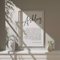 Matthew 5:14•16,  You are the light of the world... let your light shine before others.,  Personalized with Name Typography Art Print