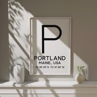 Portland, Maine with GPS Coordinates Typography Art Print,  Minimalist Wall Art