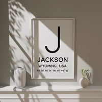 Jackson, Wyoming with GPS Coordinates Minimalist Typography Art Print,  Tetons,  Travel,  Ski