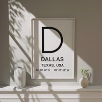 Dallas, Texas with GPS Coordinates Minimalist Art Print,  Travel,  Decor