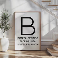 Bonita Springs, Florida with GPS Coordinates Minimalist Typography Art Print
